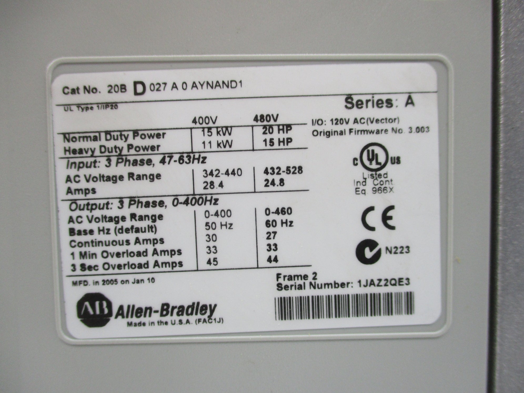 INDUSTRIAL SPARE PART 20BD027A0AYNAND1 SER. A F/W 3.003 NSMP