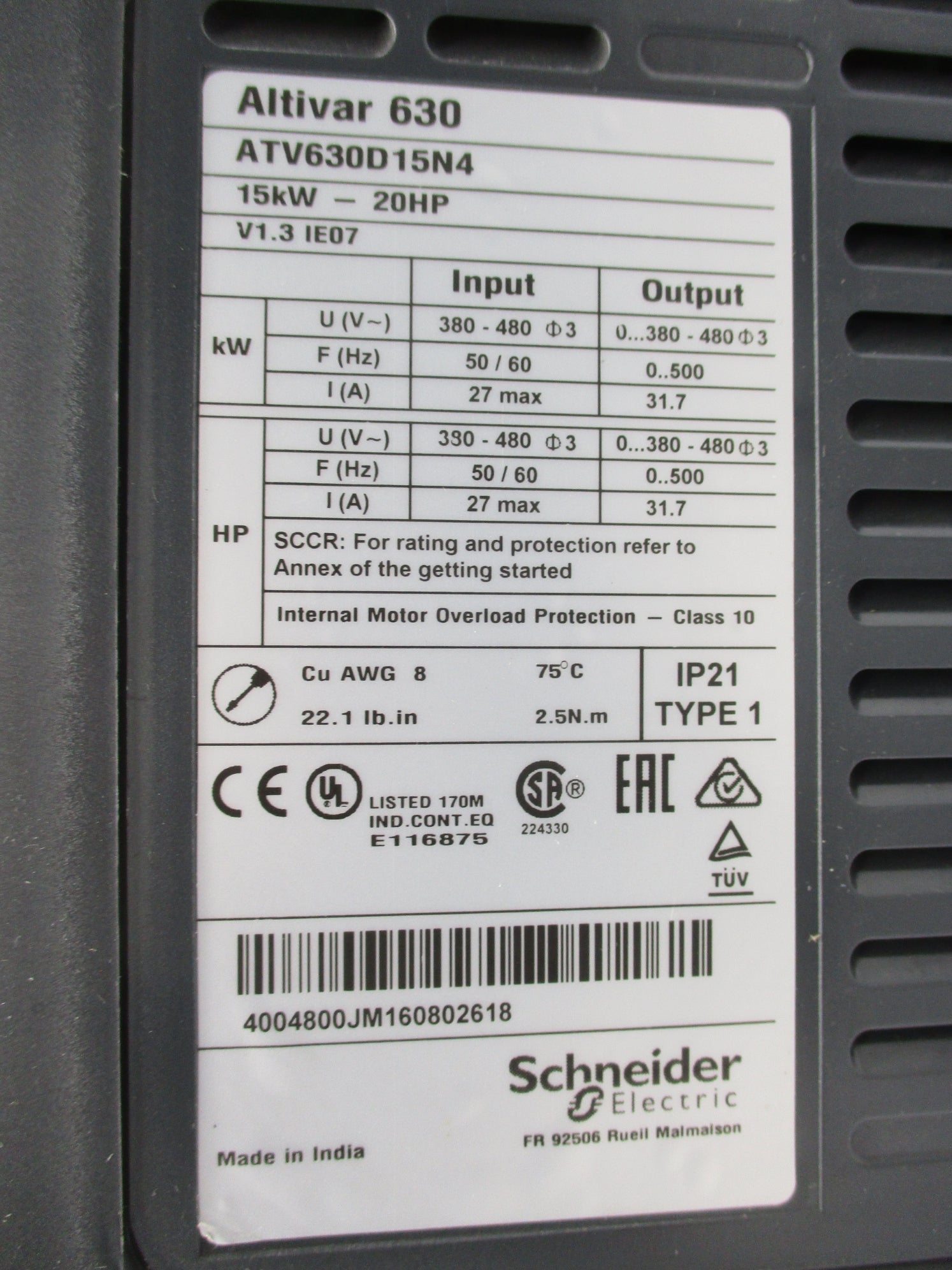 SCHNEIDER ELECTRIC ATV630D15N4 UNMP