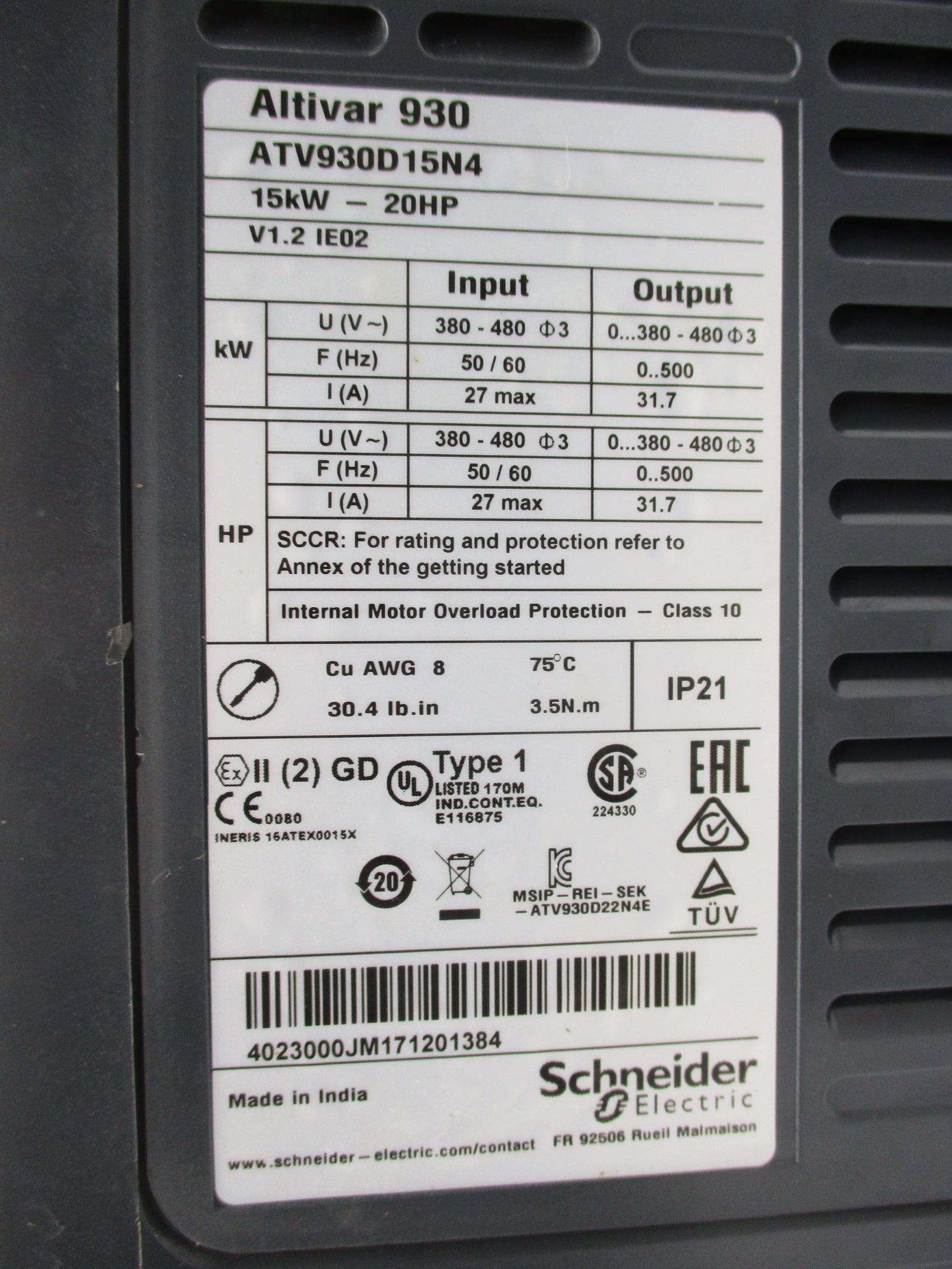 SCHNEIDER ELECTRIC ATV930D15N4 UNMP