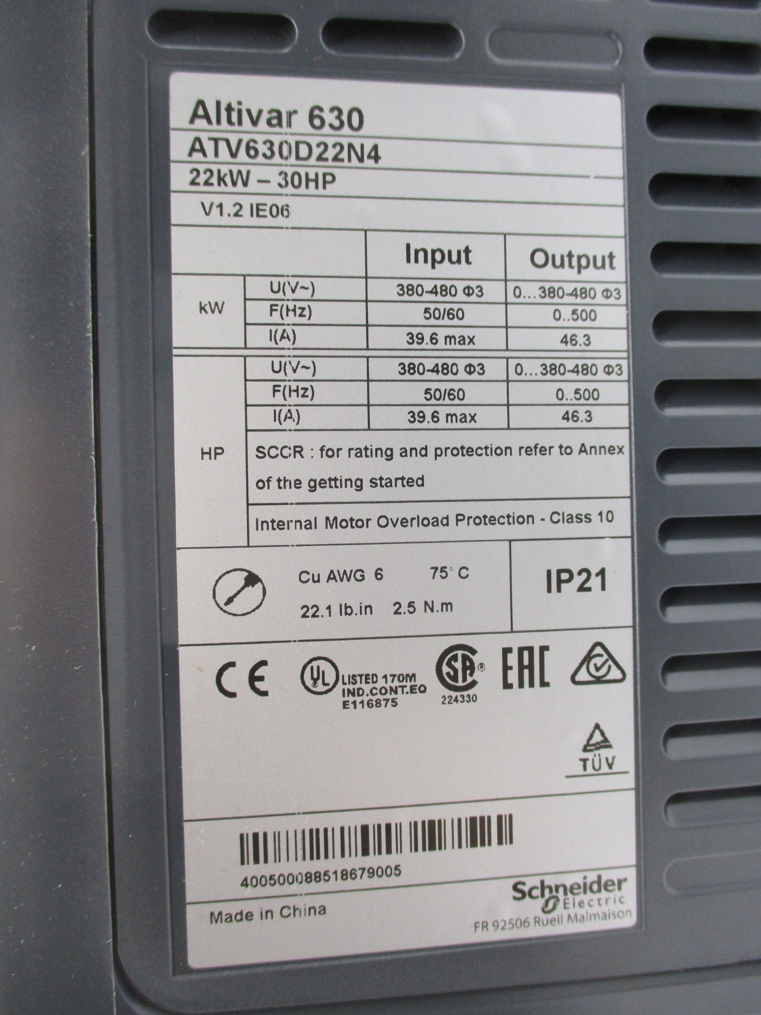 SCHNEIDER ELECTRIC ATV630D22N4 380-480V 46.3A NSNP