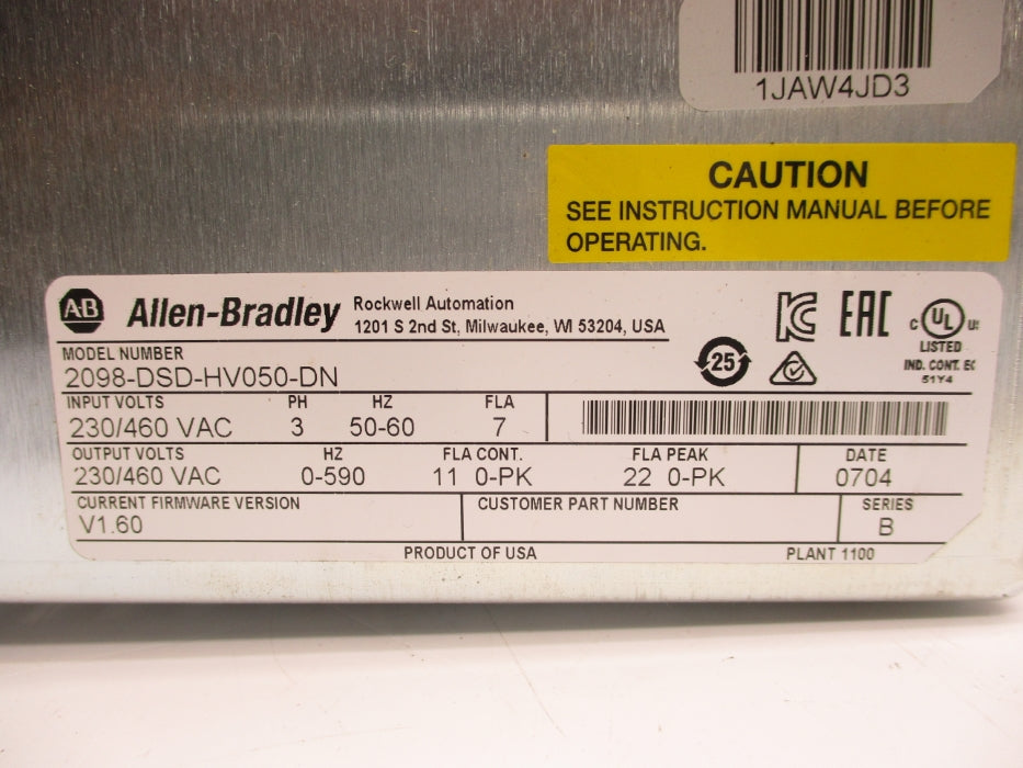 ALLEN BRADLEY 2098-DSD-HV050-DN SER. B F/W V1.60 REMAN