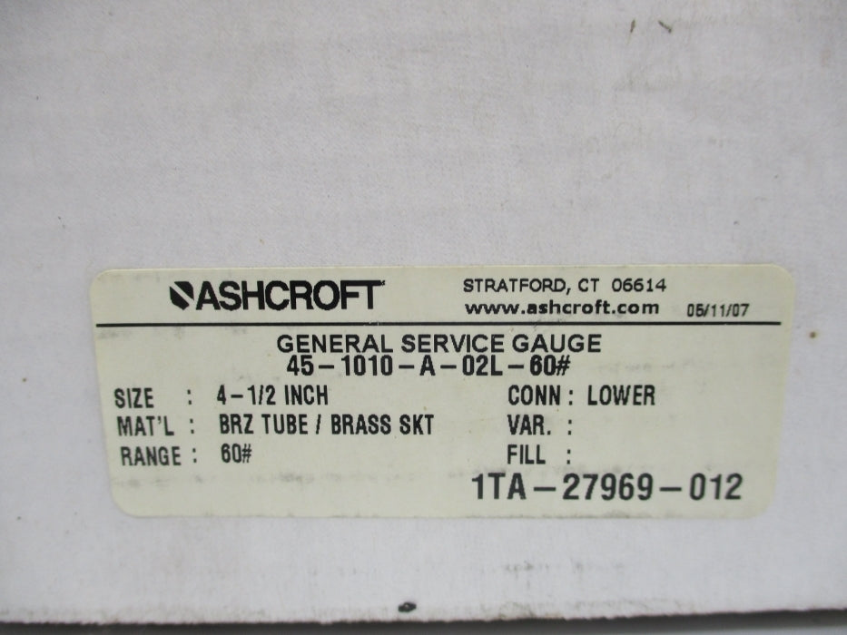 ASHCROFT 45-1010-A-02L-60# 0-60PSI NSMP