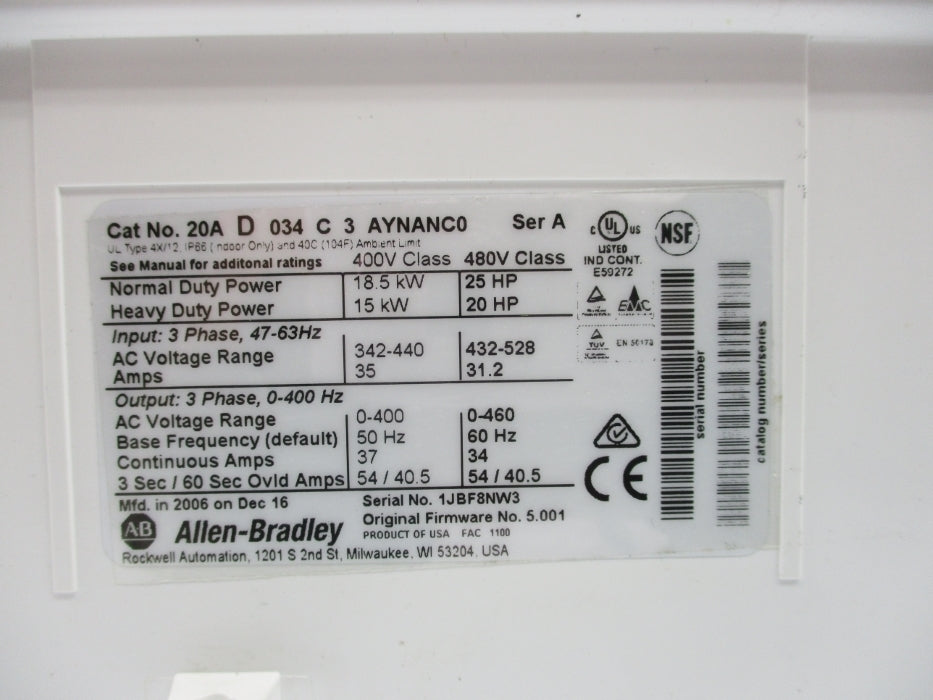 ALLEN BRADLEY 20AD034C3AYNANC0 SER. A F/W 5.001 REMAN