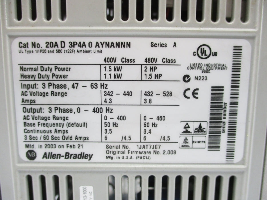 INDUSTRIAL SPARE PART 20AD3P4A0AYNANNN SER. A F/W 2.009 REMAN