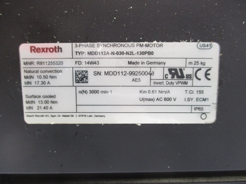 REXROTH R911255320 MDD112A-N-030-N2L-13-0PB0 REMAN