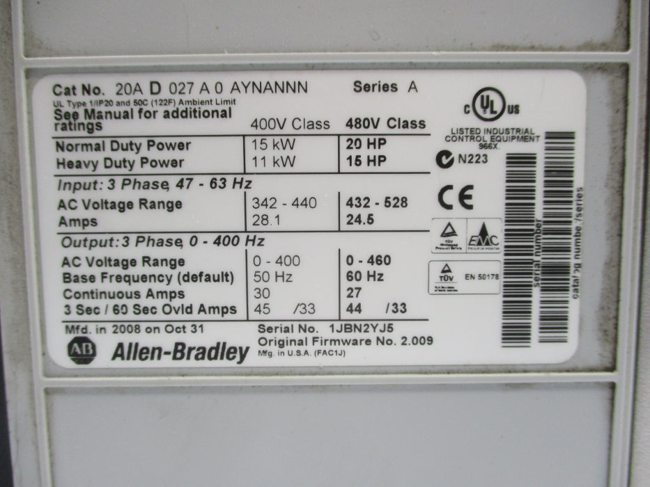 ALLEN BRADLEY 20AD027A0AYNANNN SER. A F/W 2.009 NSNP