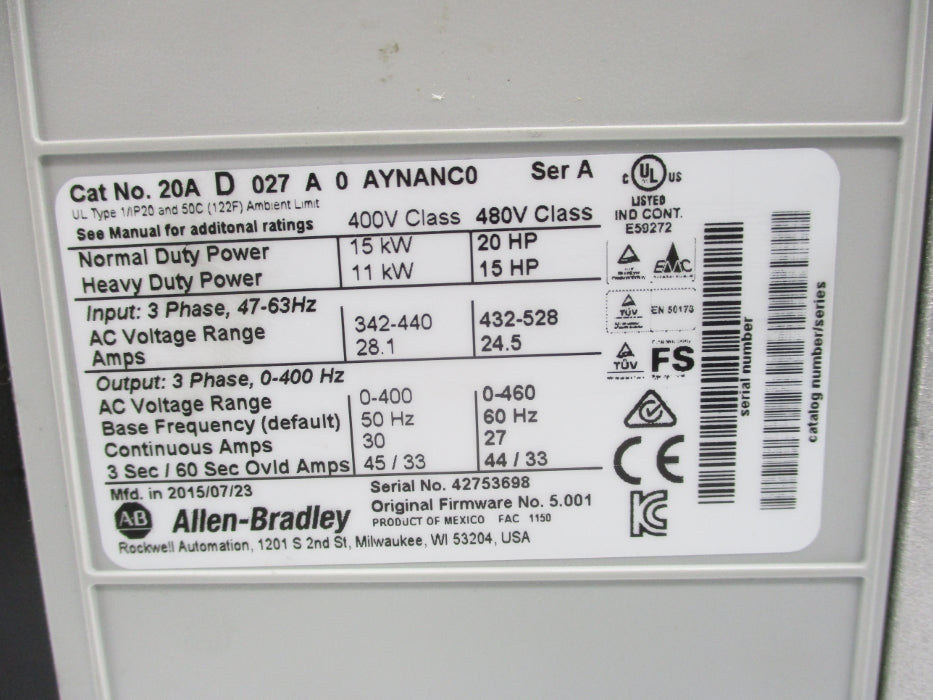 ALLEN BRADLEY 20AD027A0AYNANC0 SER. A F/W 5.001 REMAN