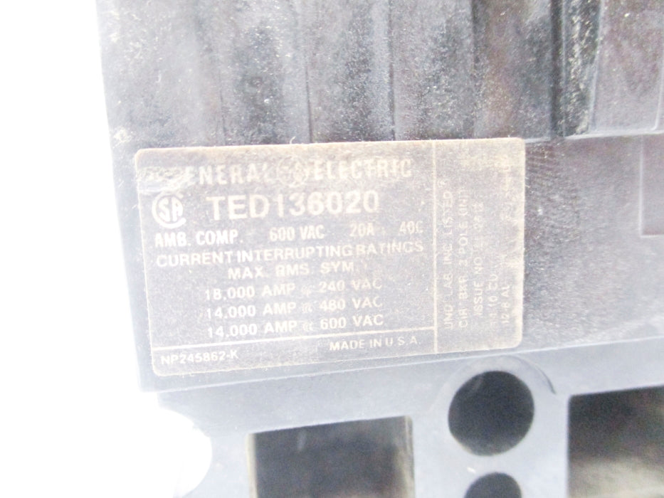 GENERAL ELECTRIC TED136020 20A 600VAC (BLACK) UNMP