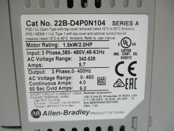 ALLEN BRADLEY 22B-D4P0N104 SER. A F/W 7.02 342-528VAC 5.7A NSMP