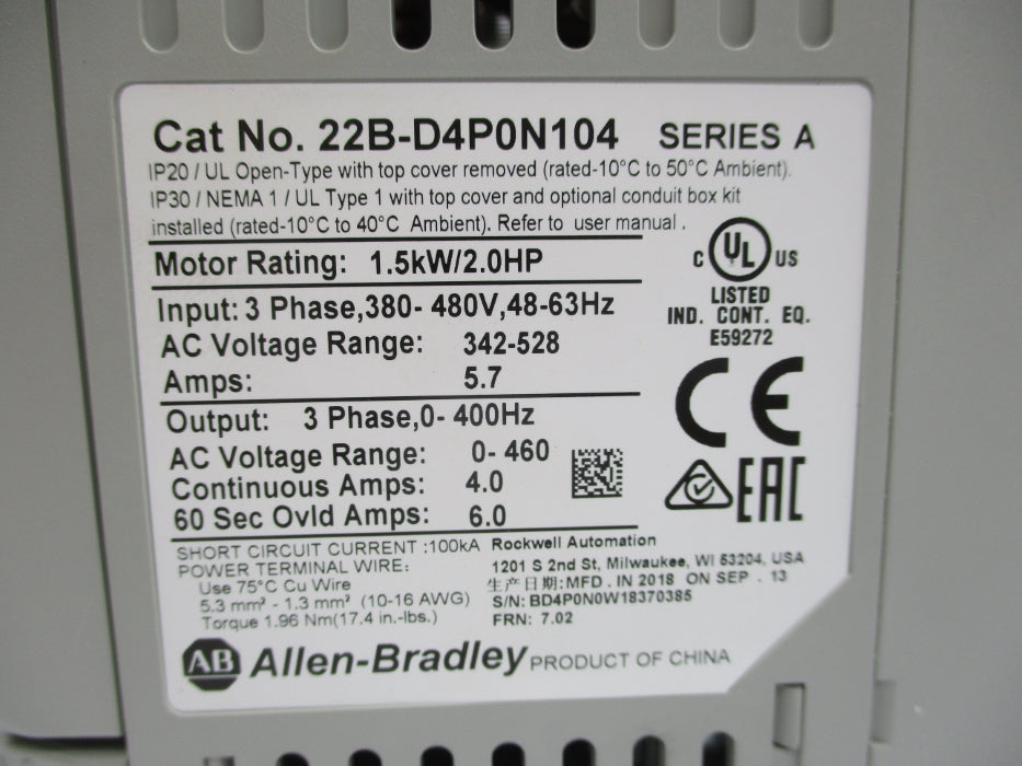 ALLEN BRADLEY 22B-D4P0N104 SER. A F/W 7.02 342-528VAC 5.7A NSMP