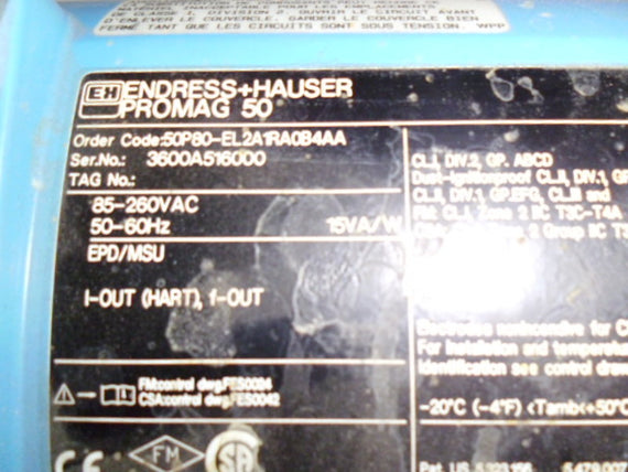 ENDRESS+HAUSER PROMAG 50 50P80-EL2A1RA0B4AA FLOW METER * USED *
