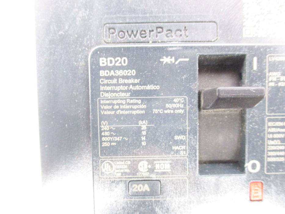SQUARE D BDA36020 20A 480V NSNP