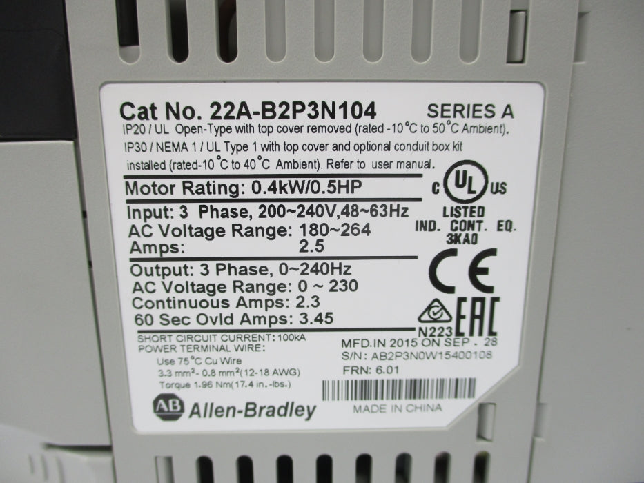 ALLEN BRADLEY 22A-B2P3N104 SER. A F/W 6.01 NSMP