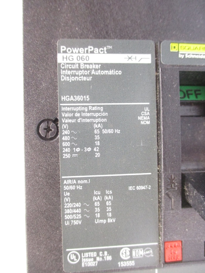 SQUARE D HGA36015 15A 600V NUPI
