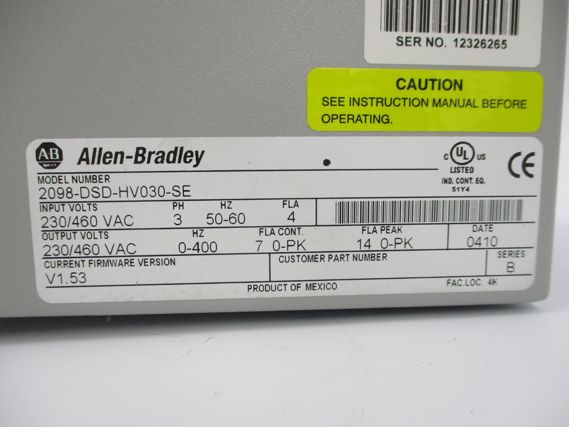 ALLEN BRADLEY 2098-DSD-HV030-SE SER. B F/W V1.53 NSNP
