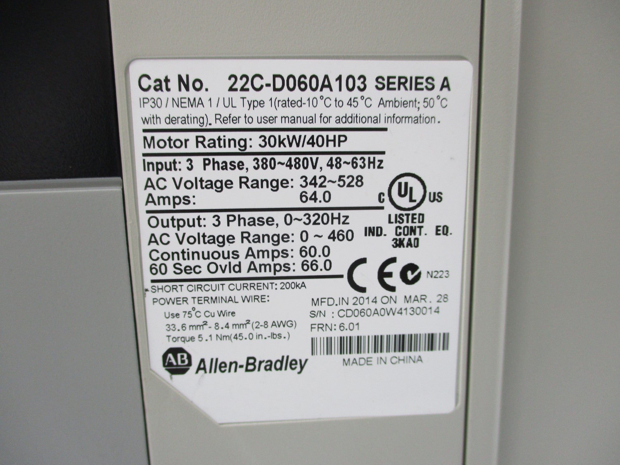 INDUSTRIAL SPARE PART 22C-D060A103 SER. A 342-528V 64.0A F/W 6.01 NSMP