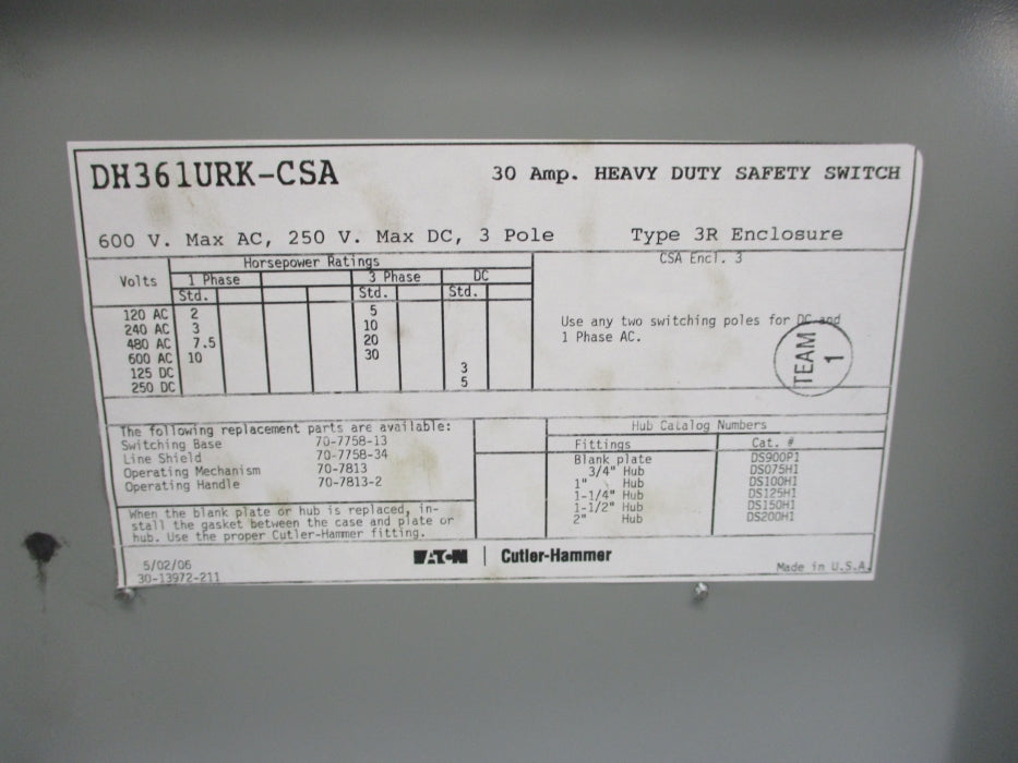 CUTLER HAMMER DH361URK-CSA NSNP