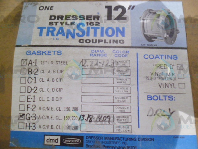DRESSER STYLE 162 TRANSITION COUPLING * FACTORY SEALED *