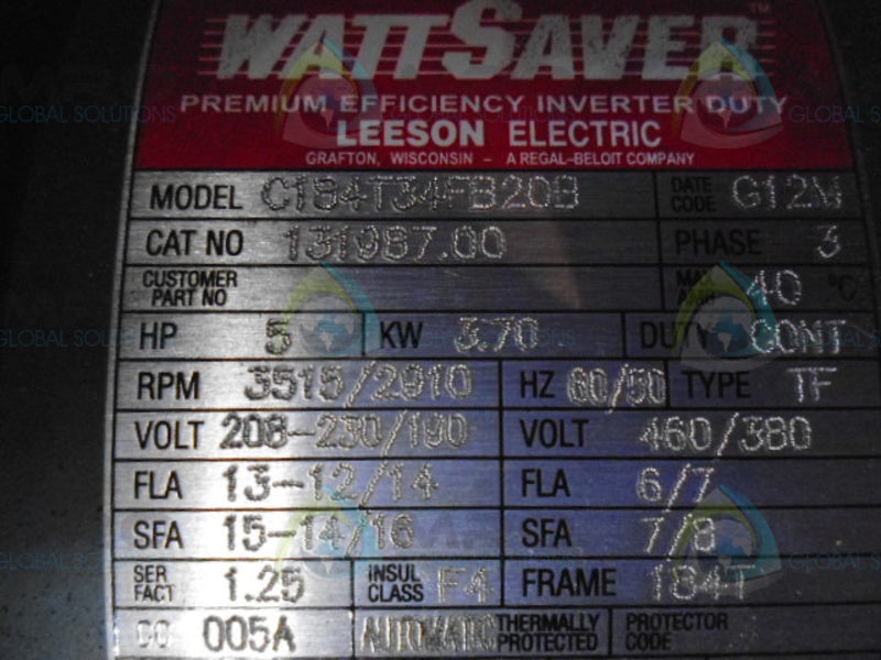 LEESON WATT SAVER 131987.00 C184T34FB20B 5 HP 3515/2910 RPM MOTOR * NEW *