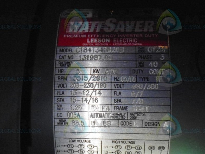 LEESON WATT SAVER 131987.00 C184T34FB20B 5 HP 3515/2910 RPM MOTOR * NEW *