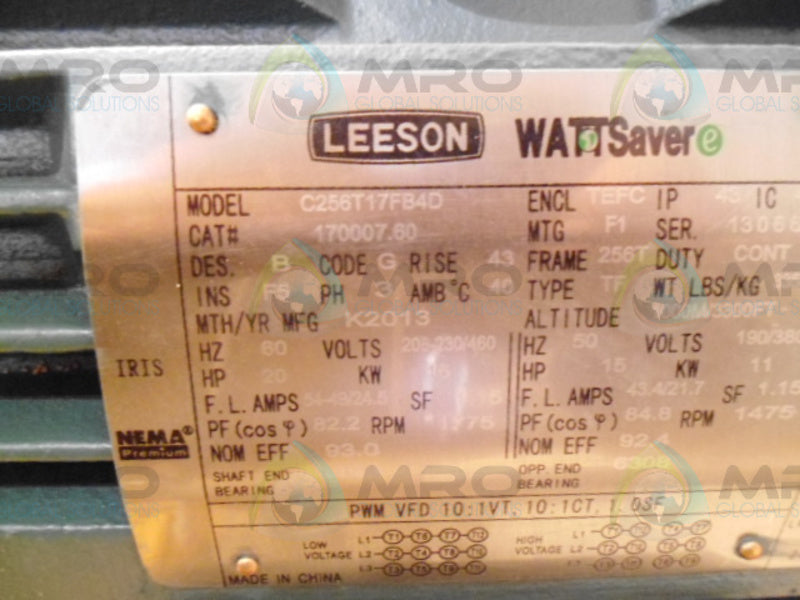 LEESON WATT SAVER 170007.60 C256T17FB4D 20 HP 1775 RPM MOTOR * NEW IN BOX *