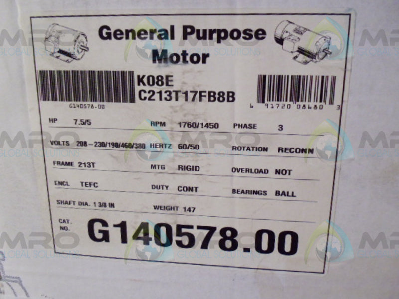 LEESON G140578.00 C213T17FB8B L08E 7.5/5 HP 1760/1450 RPM MOTOR * FACTORY SEAL *