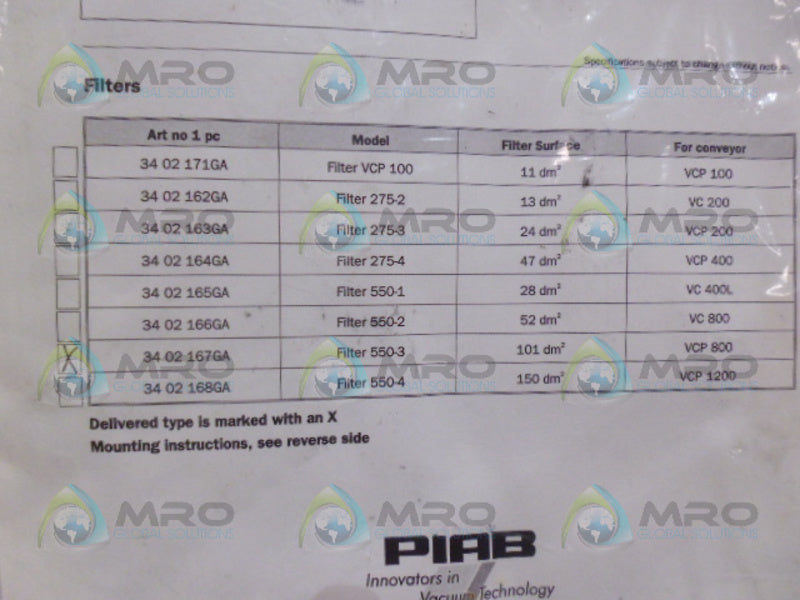 PIAB 550-3 GORTEX FILTER * NEW IN ORIGINAL PACKAGE *