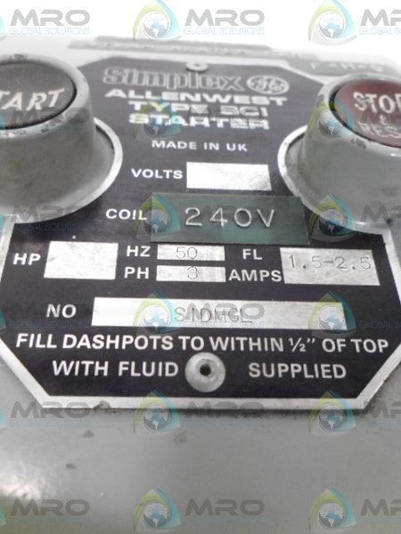 GE SIDMGL 240V SIMPLEX ALLEN WEST TYPE SCI STARTER  UNMP