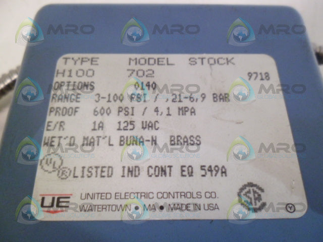UNITED ELECTRIC H100-702 PRESSURE SWITCH (1" END) *NEW NO BOX*