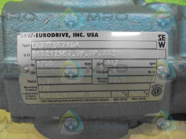 SEW-EURODRIVE DFT71D4 MOTOR W/ SEW-EURODRIVE KA37TD71D4 GEARBOX  *NEW NO BOX*