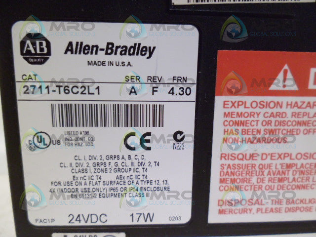 ALLEN BRADLEY PANEL VIEW 600 2711-T6C2L1 SER. A REV F FRN 4.30  *NEW NO BOX*