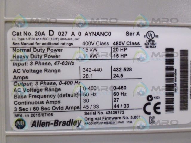 ALLEN BRADLEY POWER FLEX 70 20AD027A0AYNANC0 SER A FW.5.001 AC DRIVE *NEW IN BOX*