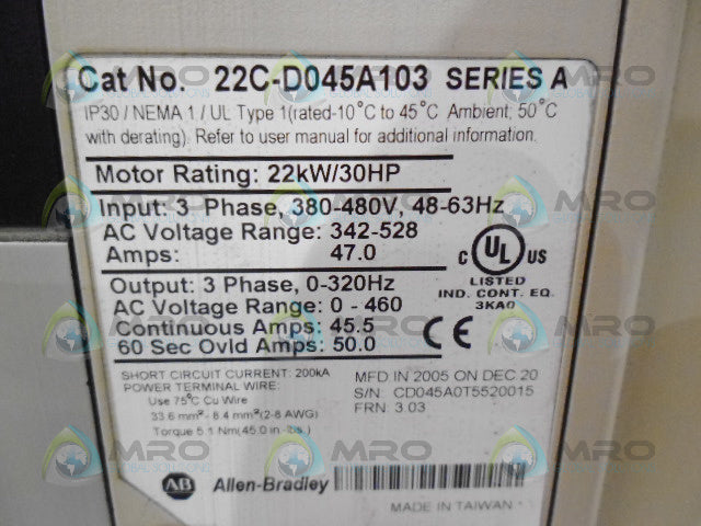 ALLEN BRADLEY POWERFLEX 400 22C-D045A103 SER A AC DRIVE *USED*