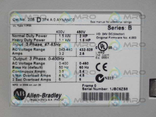 ALLEN BRADLEY 20BD3P4A0AYNANC0 SER B *NEW IN BOX*