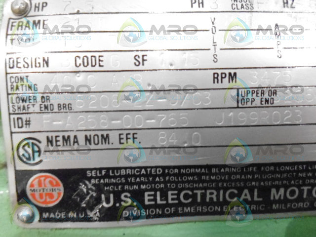 US ELECRIC F-A258-00-765 J199R023 7.5HP 3475RPM MOTOR *USED*