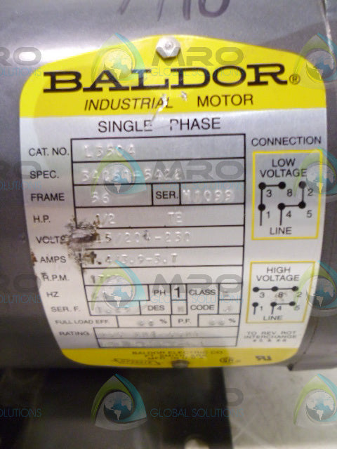 BALDOR L3504 INDUSTRIAL MOTOR 1/2 HP TE 1725 RPM *USED*