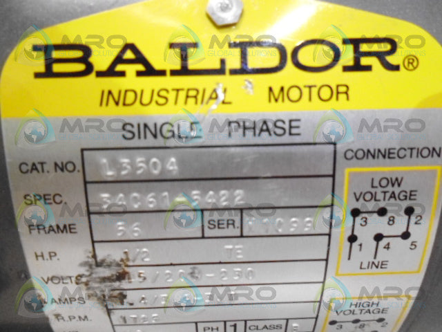 BALDOR L3504 INDUSTRIAL MOTOR 1/2 HP TE 1725 RPM *USED*