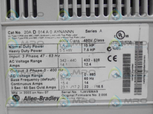 ALLEN BRADLEY POWERFLEX 70 20AD014A0AYNANNN SER A  AC DRIVE *NEW NO BOX*