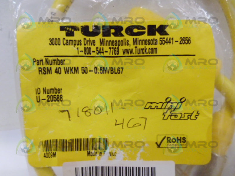 TURCK RSM 40 WKM 50-0.5M/BL67 MOLDED CORDSETS *NEW IN FACTORY BAG*