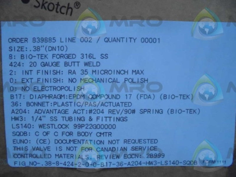 ITT .38-8-424-2-0-0-B17-36-A204-HW3-LS140-SQDB VALVE * FACTORY SEALED *