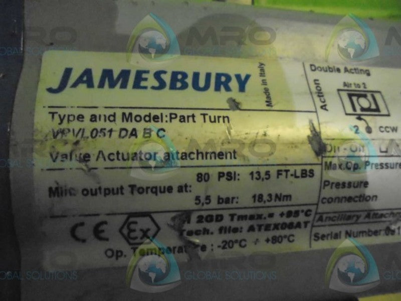 JAMESBURY VRVL051 DA B C  VALVE ACTUATOR w/ NUMATICS 082SA43AK000030 *USED*