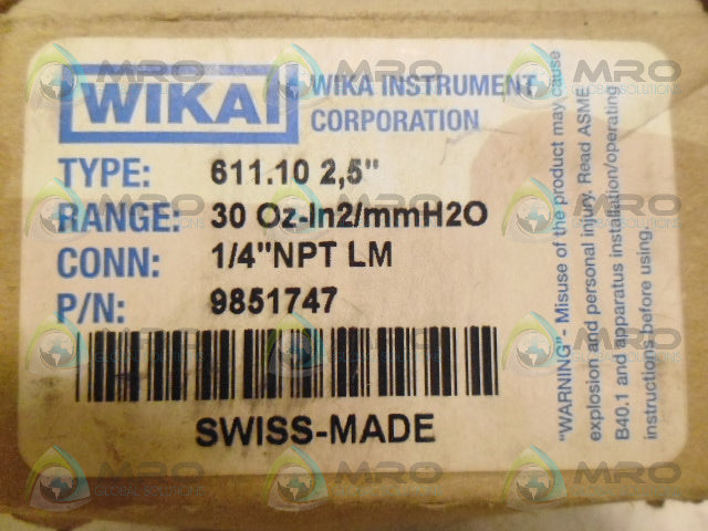 WIKA 9851747 PRESSURE GAUGE *NEW IN BOX*