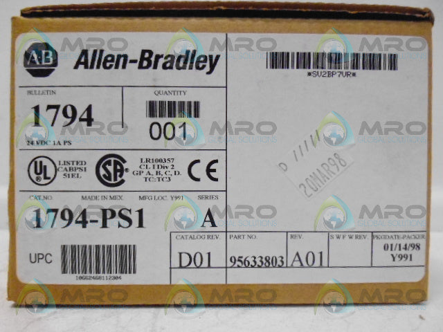 ALLEN BRADLEY 1794-PS1 SER A POWER SUPPLY MODULE DATE: 01/98 *FACTROY SEALED*