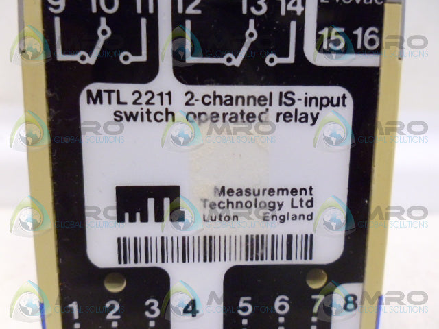 MTL MTL2211 2-CHANNEL IS-INPUT SWITCH OPERATED RELAY *USED*
