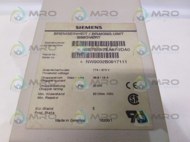 SIEMENS 6SE7023-2EA87-2 DA0SIMOVERT BRAKING UNIT *USED*