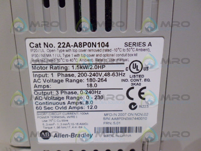 ALLEN BRADLEY 22A-A8P0N104 POWERFLEX 4 AC DRIVE FRN:5.01 *NEW IN BOX*