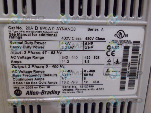 ALLEN BRADLEY POWERFLEX 70 20AD8P0A0AYNANC0 SER A  AC DRIVE *NEW IN BOX*