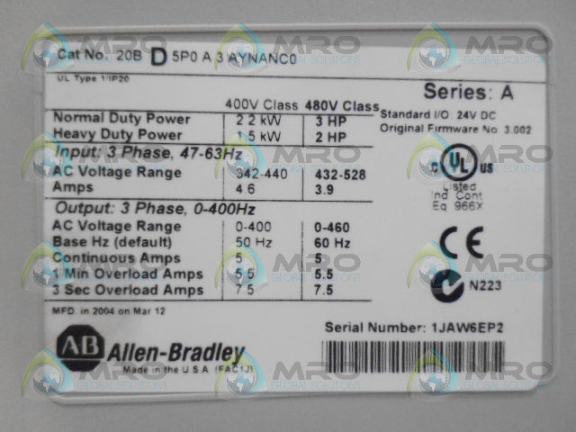 ALLEN BRADLEY POWERFLEX 700 20BD5P0A3AYNANC0 SER A DRIVE F/W 3.002 *NEW IN BOX*
