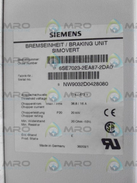 SIEMENS 6SE7023-2EA87-2DA0 BRAKING UNIT *NEW IN BOX*
