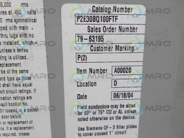 SIEMENS P2 ELECTRIC BREAKER PANEL P2E30BQ100FTF  *NEW NO BOX*
